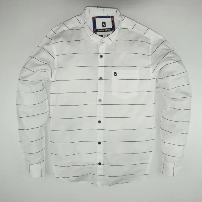 SHIRT0007 Bawa Style Linen White Horizontal Line Full Sleeve Slim Fit Casual Shirts