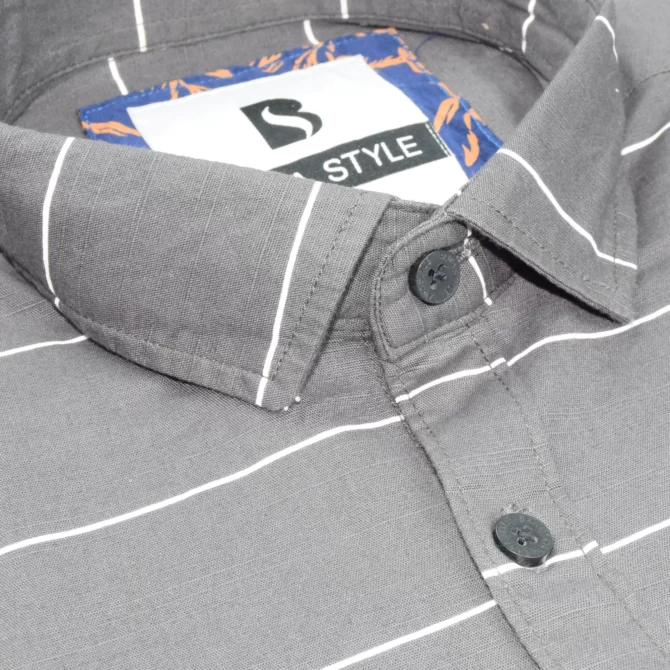 SHIRT0008 Bawa Style Linen Gray Horizontal Line Full Sleeve Slim Fit Casual Shirts
