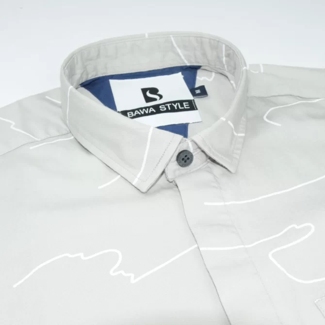 SHIRT0020 Bawa Style Cotton Light Gray Floral Line Half Sleeve Slim Fit Casual Shirts
