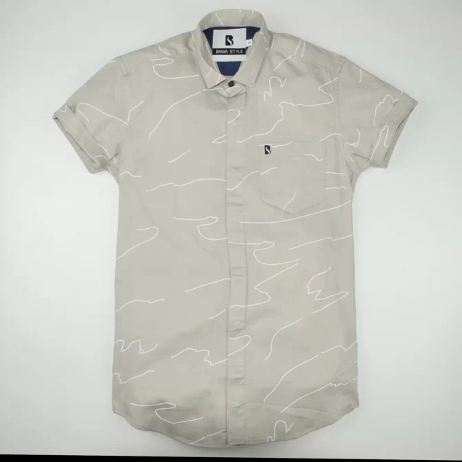 SHIRT0020 Bawa Style Cotton Light Gray Floral Line Half Sleeve Slim Fit Casual Shirts