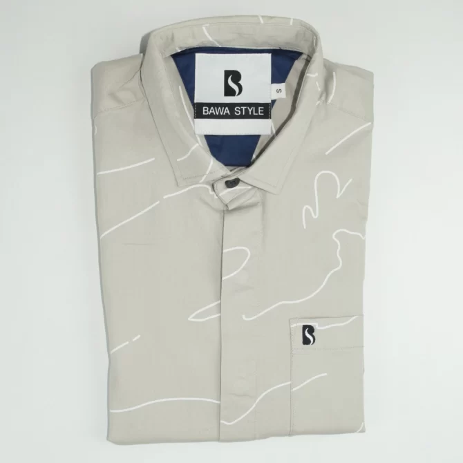 SHIRT0020 Bawa Style Cotton Light Gray Floral Line Half Sleeve Slim Fit Casual Shirts