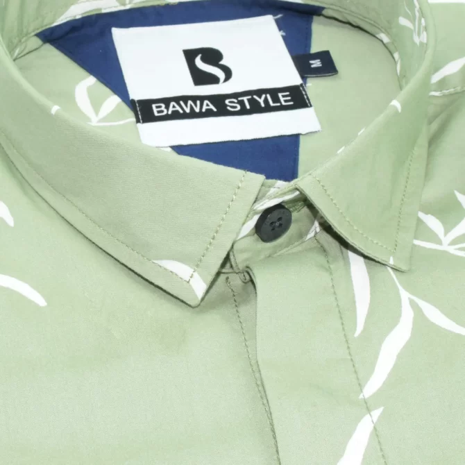 SHIRT0022 Bawa Style Silk Light Green Floral Leaves Half Sleeve Slim Fit Casual Shirts