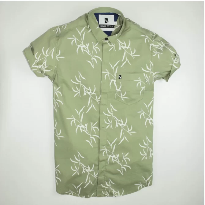 SHIRT0022 Bawa Style Silk Light Green Floral Leaves Half Sleeve Slim Fit Casual Shirts