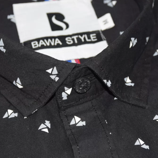 SHIRT0032 Bawa Style Cotton Silk Black Printed Arrow Line Full Sleeve Slim Fit Casual Shirts