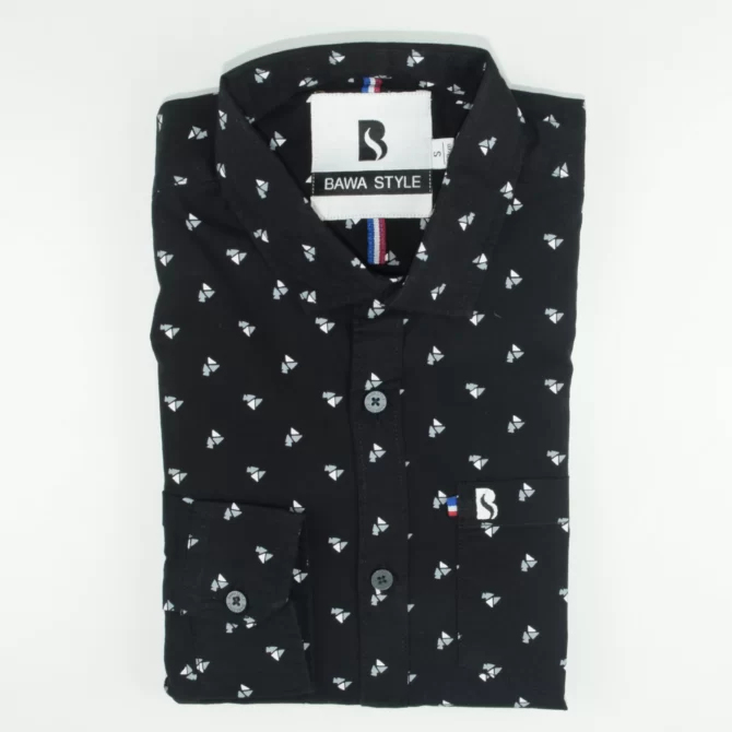 SHIRT0032 Bawa Style Cotton Silk Black Printed Arrow Line Full Sleeve Slim Fit Casual Shirts