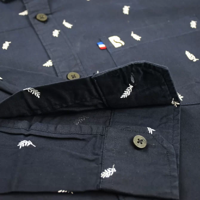SHIRT0039 Bawa Style Cotton Dark Blue Printed Leafs Full Sleeve Slim Fit Casual Shirts