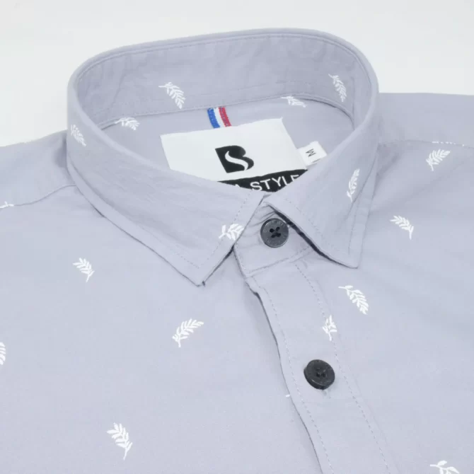 SHIRT0040 Bawa Style Cotton Light Gray Printed Leafs Full Sleeve Slim Fit Casual Shirts