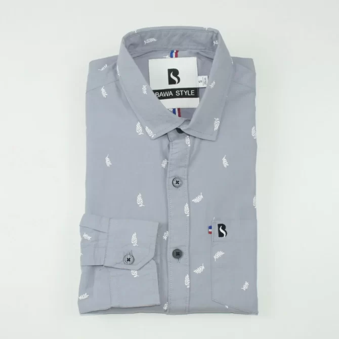 SHIRT0040 Bawa Style Cotton Light Gray Printed Leafs Full Sleeve Slim Fit Casual Shirts