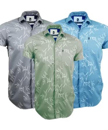 Bawa Style Silk Light Blue Gray and Green Floral Leaves Half Sleeve Slim Fit Casual Shirts Pack of 3