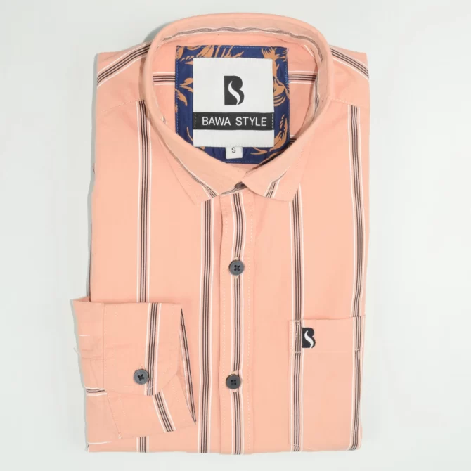 SHIRT0001 Bawa Style Cotton Light Orange and Black Vertical Line Full Slevee Slim Fit Casual Shirts