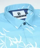 SHIRT0023 Bawa Style Silk Sky Blue Floral Leaves Half Sleeve Slim Fit Casual Shirts