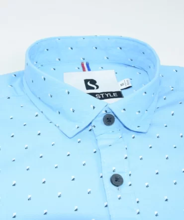 SHIRT0031 Bawa Style Cotton Silk Sky Blue Printed Arrow Line Full Sleeve Slim Fit Casual Shirts