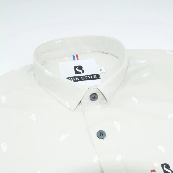 SHIRT0038 Bawa Style Cotton Dark Creame Printed Leafs Full Sleeve Slim Fit Casual Shirts